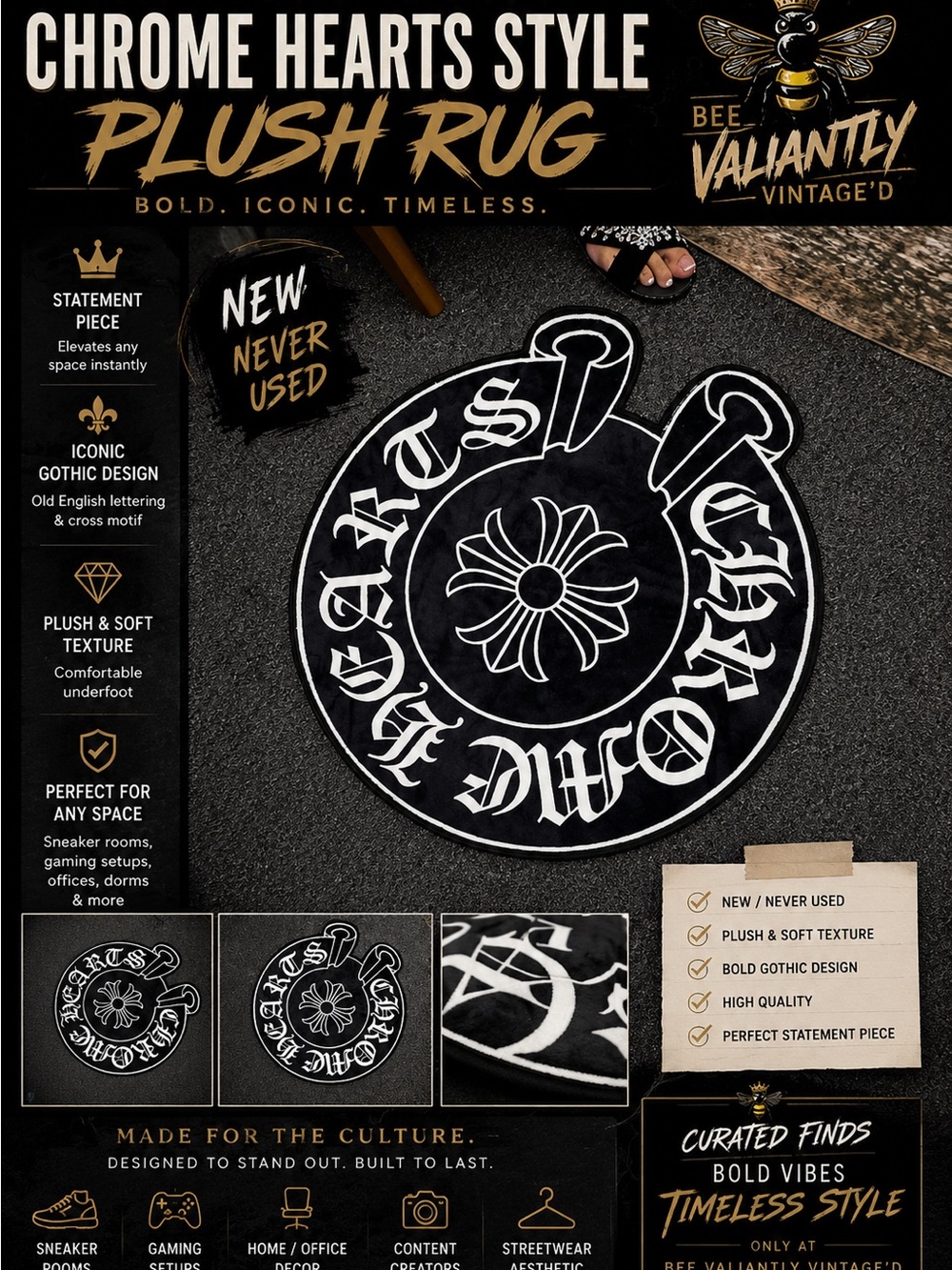 Chrome Hearts Style Plush Rug |         Gothic Streetwear Decor